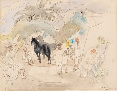 Figurer og to heste i et landskab, 1921 (wc på papir) af Jules Pascin