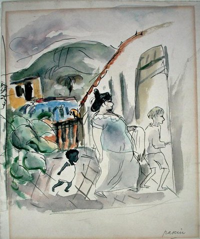 Kvinde og to børn (akvarel på papir) af Jules Pascin