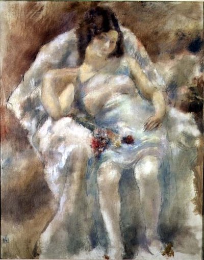 Ung kvinde siddende med blomster af Jules Pascin