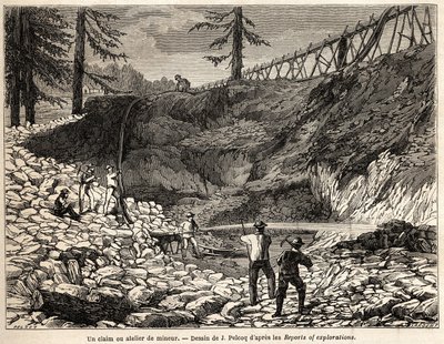 Et minekrav eller værksted i Californien, tegning af Jules Pelcoq, for at illustrere historien om Baron de Wogans tur til Californien i 1850-1852. Indgravering i "" Le tour du monde, nouveau journal des voyages"" Paris af Jules Pelcoq