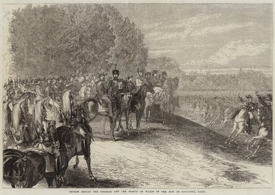 Gennemgang før kejseren og prinsen af Wales i Bois de Boulogne, Paris af Jules Pelcoq