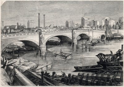 Transformationer af Paris under det andet imperium, Haussmann Paris: Arbejder udført foran Alma-broen i Paris til passage af samlekloaken i bunden af Seinen. Tegning af Jules Pelcoq. Indgravering i "" The Illustrous Unive af Jules Pelcoq