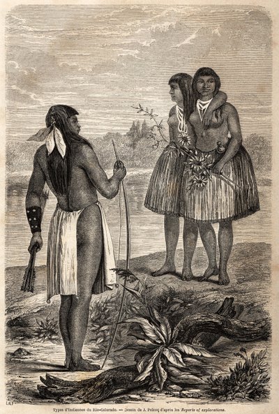 Type indianer fra Rio Colorado, tegning af Jules Pelcoq, for at illustrere historien om Baron de Wogans rejse til Californien i 1850-1852. Indgravering i "" Le tour du monde, nouveau journal des voyages"" Paris af Jules Pelcoq