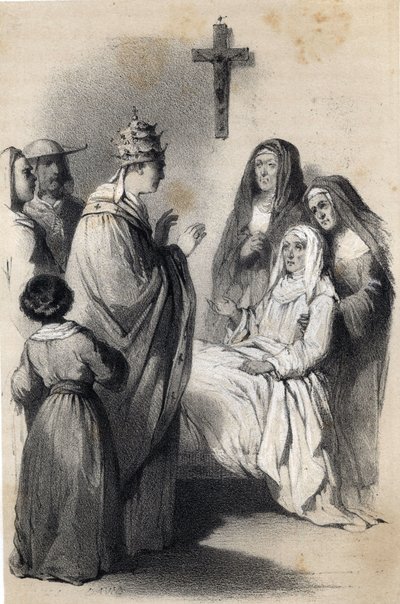 Repræsentation af Saint Claire (Chiara) af Assisi (ca. 1192-1253), grundlæggeren af den religiøse orden Clares i "The illustrious Women of Europe". Af grevinde Drohojowska, født Symon af Latreiche. Illustrerende tegninger af Jules David og Raunheim. omkrin af Jules and Raunheim Hermann David