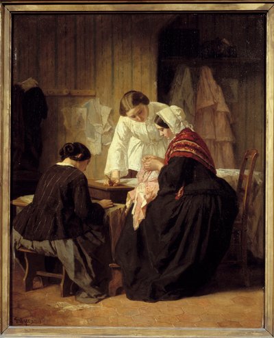 Tre kvinder syr. Maleri af Jules Trayer (1824 - 1909) af Jules Trayer