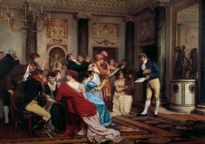 Romantik er på mode At læse et stykke teater i en parisisk salon. (Salon Litteraire) Maleri af Jules Worms (1832-1914) Paris fra det 19. århundrede, Palais du Luxembourg af Jules Worms
