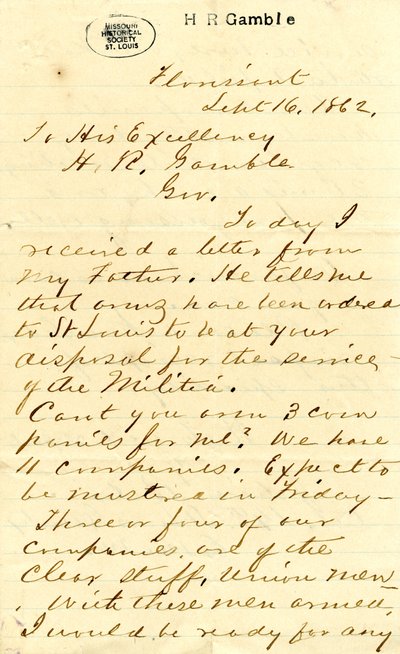Brev underskrevet Julian Bates, Florissant, til Hans Excellence H.R. Gamble, 16. september 1862 af Julian Bates