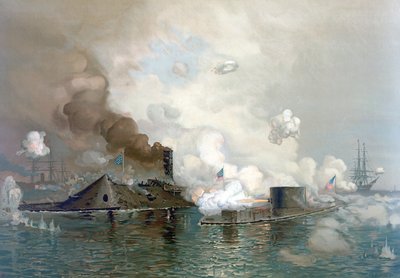The Monitor and Merrimac, 9. marts, 1862, pub.1886 af Julian Oliver Davidson