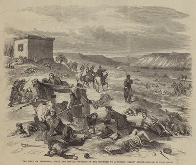 Tchernaya-marken, efter slaget, bringer de sårede ind til et fransk Picquet-hus af Julian Portch