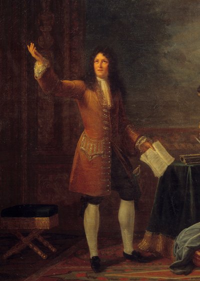 Jean Racine (1639-1699) læser sit skuespil foran kongen af Frankrig. Detalje af maleriet "" Jean Racine (1639-1699) der læser "" Athalie"" før Louis XIV (1638-1715) og Francoise d