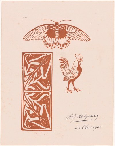 Sommerfugle-, hane- og bladarbejde af Julie de Graag (signed by artist)