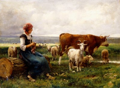 Hyrdinde med køer og geder, af Julien Dupre