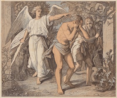 Adam og Eva drevet ud af Paradiset, Første Mosebog, III, 23, 24 (koloreret stik) af Julius (after) Schnorr von Carolsfeld