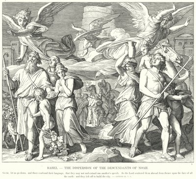 Babel, spredningen af Noas efterkommere (gravering) af Julius (after) Schnorr von Carolsfeld