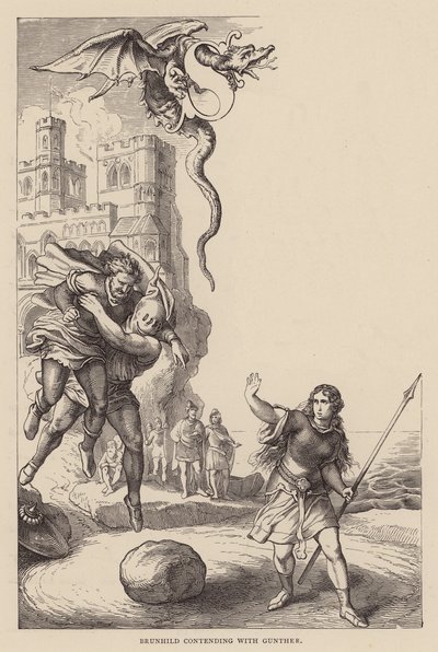 Brunhild kæmper med Gunther (kobberstik) af Julius (after) Schnorr von Carolsfeld