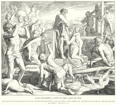 Kain bygger en by i landet Nod (gravering) af Julius (after) Schnorr von Carolsfeld