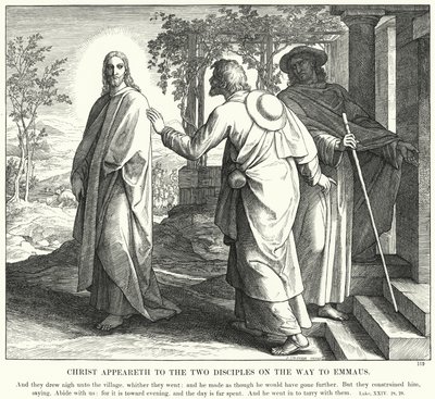 Kristus viser sig for de to disciple på vej til Emmaus (gravering) af Julius (after) Schnorr von Carolsfeld