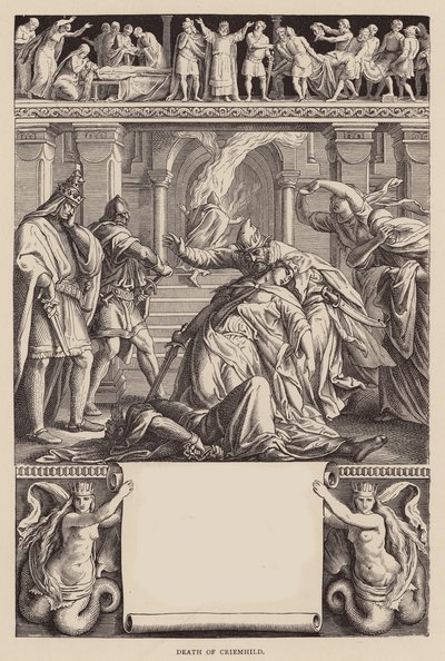 Nibelungesangen: Criemhilds død (kobberstik) af Julius (after) Schnorr von Carolsfeld