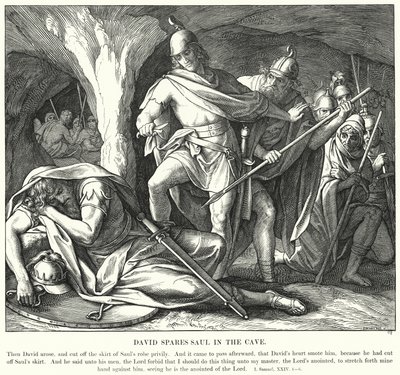David sparer Saul i hulen (gravering) af Julius (after) Schnorr von Carolsfeld
