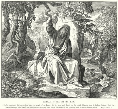 Elias bliver fodret af ravne (gravering) af Julius (after) Schnorr von Carolsfeld