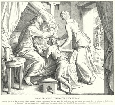Jakob får velsignelsen fra Isak (gravering) af Julius (after) Schnorr von Carolsfeld