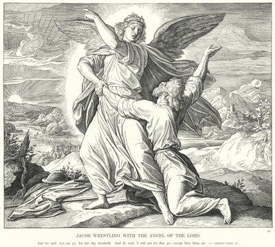Jakob kæmper med Herrens engel (gravering) af Julius (after) Schnorr von Carolsfeld