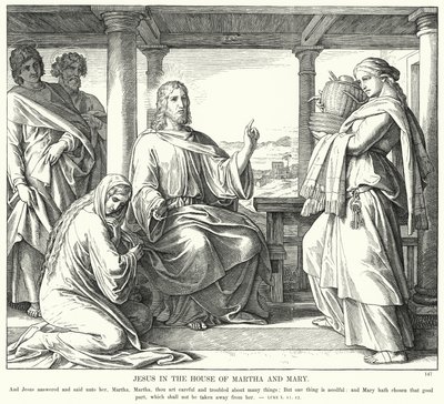 Jesus i huset til Martha og Mary (gravering) af Julius (after) Schnorr von Carolsfeld