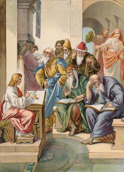 Jesus med de ældste i templet (farvelitografi) af Julius (after) Schnorr von Carolsfeld