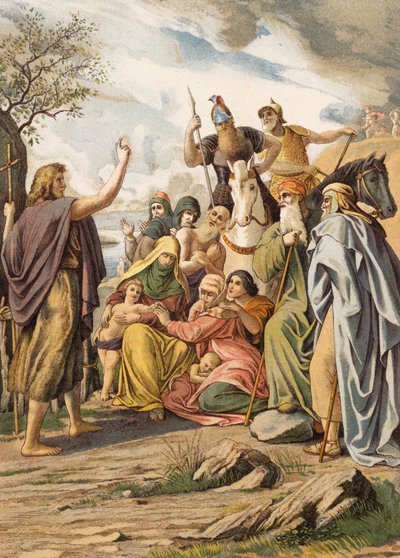 Johannes Døberen prædiker i ørkenen (farvelitografi) af Julius (after) Schnorr von Carolsfeld