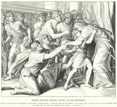 Joseph gør sig selv kendt for sine brødre (gravering) af Julius (after) Schnorr von Carolsfeld