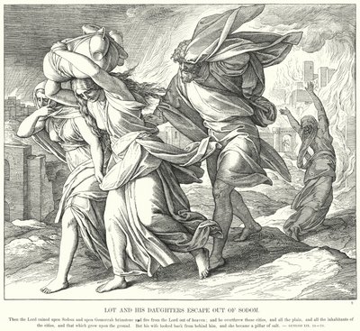 Lot og hans døtre flygter ud af Sodoma (gravering) af Julius (after) Schnorr von Carolsfeld