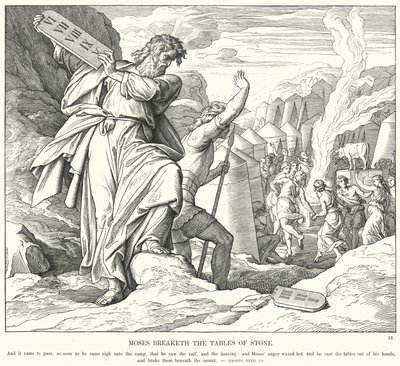 Moses bryder stenbordene (gravering) af Julius (after) Schnorr von Carolsfeld