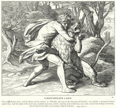 Samson dræber en løve (gravering) af Julius (after) Schnorr von Carolsfeld