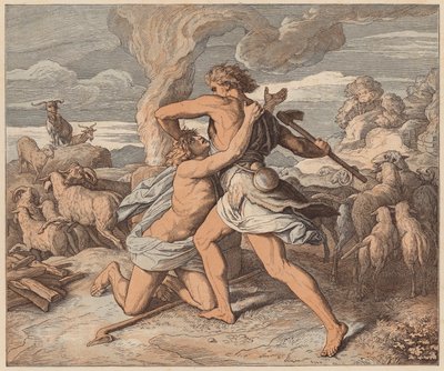 Abels død, Første Mosebog, IV, 8 (koloreret stik) af Julius (after) Schnorr von Carolsfeld