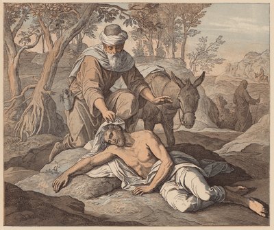 Den barmhjertige samaritaner, Lukas, X, 33, 34 (koloreret kobberstik) af Julius (after) Schnorr von Carolsfeld