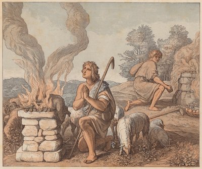 Kains og Abels offergaver, Første Mosebog, IV, 3, 4 (koloreret stik) af Julius (after) Schnorr von Carolsfeld