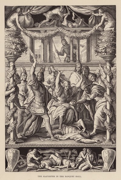Slagtningen i festsalen (kobberstik) af Julius (after) Schnorr von Carolsfeld
