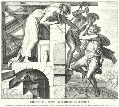 De to spioner flygter fra huset Rahab (gravering) af Julius (after) Schnorr von Carolsfeld
