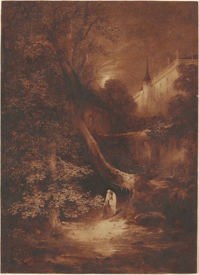 Månebelyst landskab med en munk, der går nær et palads af Julius Albert Elsasser
