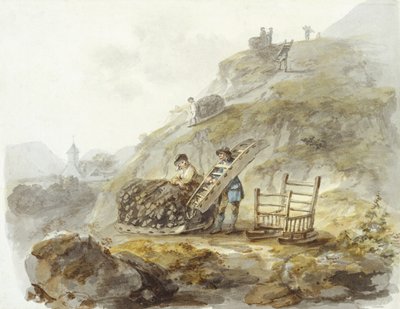 Metode til udvinding af tørv fra bakker nær Mallwyd, ca. 1792 (akvarel, blæk og blyant på papir) af Julius Caesar Ibbetson