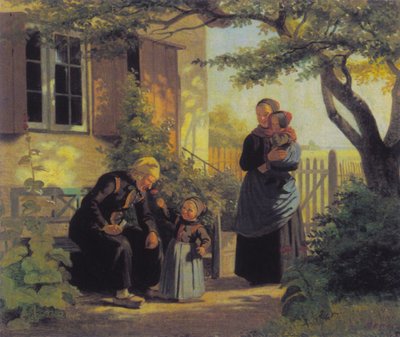 En lille pige lod en gammel mand lugte til en blomst. af Julius Exner