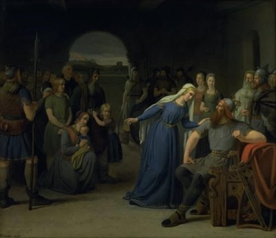 Den danske dronning Thyra Danebod forsøger at blødgøre sin mands, Gorm den Gamles hjerte, over for nogle kristne fanger af Julius Exner