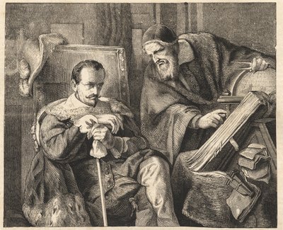 Albrecht von Wallenstein (Waldstein) (1583-1634) med astrologen Giovanni Battista Seni (Seno, Zeno, Senno Zenno) (1600-1656) efter et maleri af Julius Schrader af Julius Friedrich Anton (after) Schrader