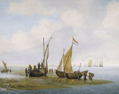 Muslingefiskeri, tre hollandske fiskerbåde på stranden, hvoraf den ene har sejlet oppe, og grupper af fiskere, der har travlt med at vedligeholde og losse bådene, længere nede på stranden bærer to andre kurve fulde af muslinger. af Julius Porcellis