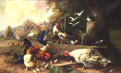 Fjerkræ ved en pumpe af Julius Scheuerrer