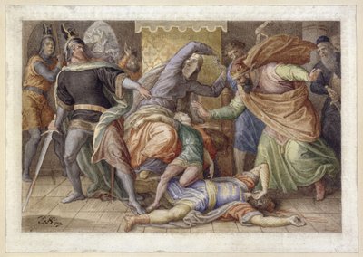 Hagen dræber Ortlieb (Den døende Ortlieb i Kriemhilds skød; efter »Nibelungens sang«) af Julius Schnorr von Carolsfeld