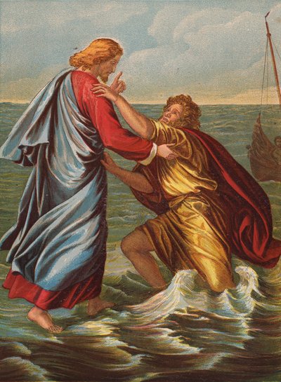 Peter går på havet (farvelitografi) af Julius Schnorr von Carolsfeld