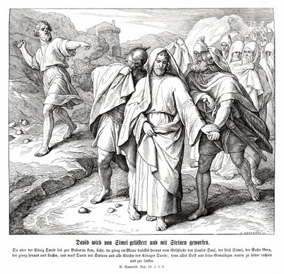 Shimei bander og kaster sten efter David, 2 Samuel af Julius Schnorr von Carolsfeld