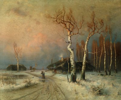 En landsby i et skovklædt vinterlandskab (olie) af Julius Sergius Klever