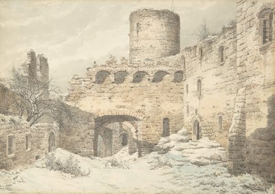 Vinterudsigt over gården til et middelalderligt slot i ruiner, 1832. af Julius von Leypold